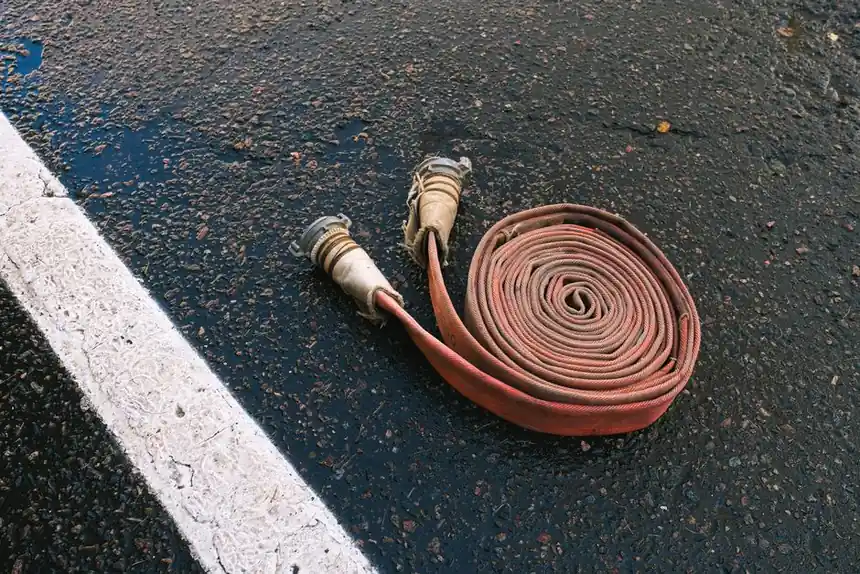 Close-up of a rolled fire hose lying on a textured asphalt road with a white dividing line.