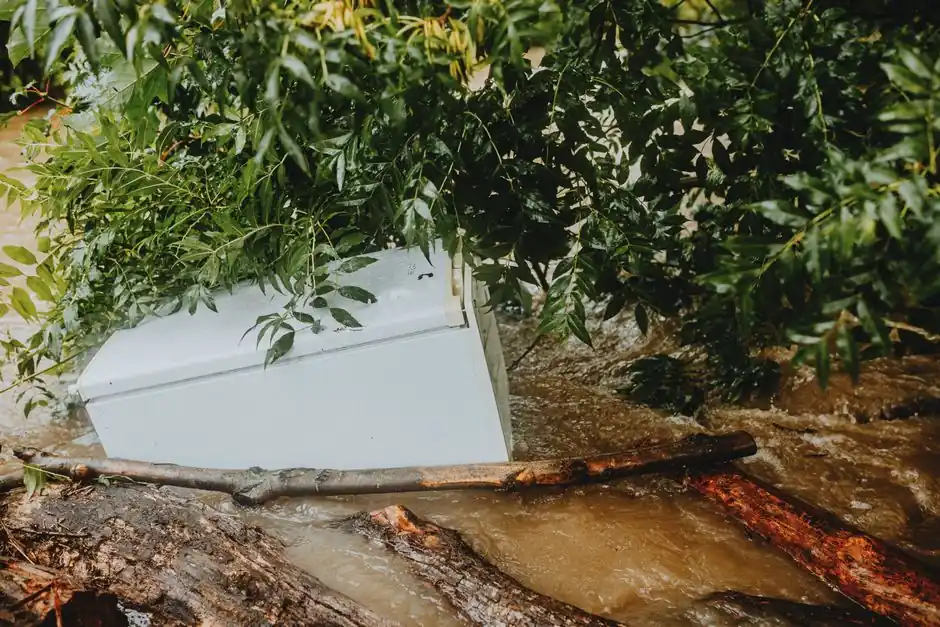 Washer caught in floodwaters, surrounded by debris and green foliage during a storm.